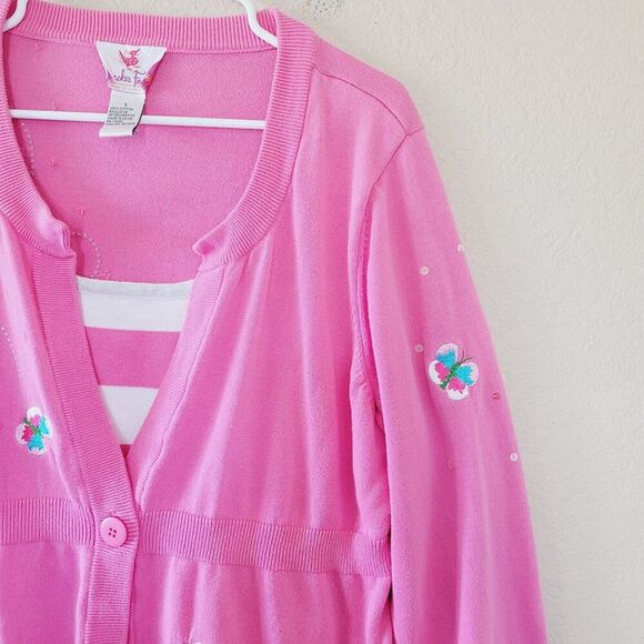Quacker Factory Pink Embroidered Sequin Sweater Cardigan Size Large Butterfly - Picture 4 of 5
